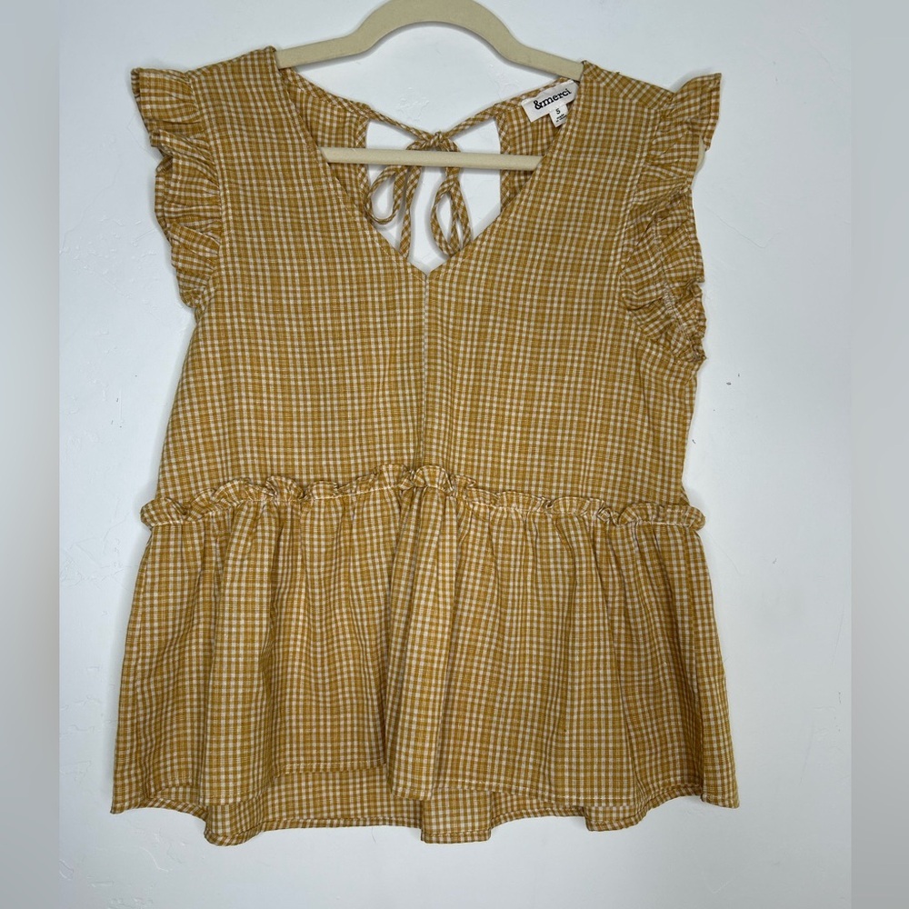 &Merci Mustard Gingham Plaid Babydoll Top Open Tie Back Ruffle Sleeves Small